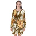 White And Yellow Floral Lilies Background Surface Long Sleeve Chiffon Shift Dress  View1