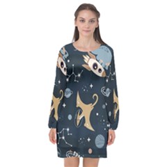Space Theme Art Pattern Design Wallpaper Long Sleeve Chiffon Shift Dress  by Ravend