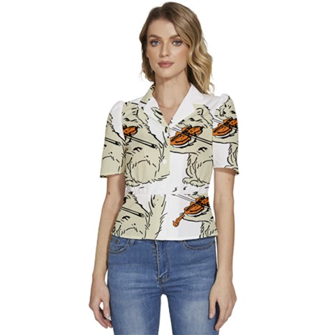 Cat Playing The Violin Art Puffed Short Sleeve Button Up Jacket by oldshool