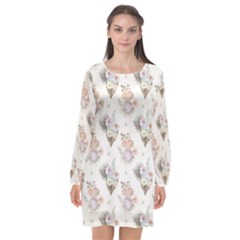 Roses-white Long Sleeve Chiffon Shift Dress  by nateshop