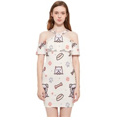 Pug Dog Cat With Bone Fish Bones Paw Prints Ball Seamless Pattern Vector Background Shoulder Frill Bodycon Summer Dress by Salman4z