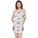 Pug Dog Cat With Bone Fish Bones Paw Prints Ball Seamless Pattern Vector Background Shoulder Frill Bodycon Summer Dress View3