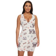 Pug-dog-cat-with-bone-fish-bones-paw-prints-ball-seamless-pattern-vector-background Draped Bodycon Dress by Simbadda