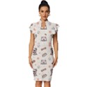 Pug-dog-cat-with-bone-fish-bones-paw-prints-ball-seamless-pattern-vector-background Vintage Frill Sleeve V-Neck Bodycon Dress View1