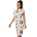 Pug-dog-cat-with-bone-fish-bones-paw-prints-ball-seamless-pattern-vector-background Vintage Frill Sleeve V-Neck Bodycon Dress View2