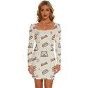Pug-dog-cat-with-bone-fish-bones-paw-prints-ball-seamless-pattern-vector-background Long Sleeve Square Neck Bodycon Velvet Dress View1