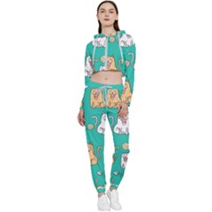 Seamless-pattern-cute-cat-cartoon-with-hand-drawn-style Cropped Zip Up Lounge Set by Simbadda
