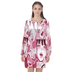 Ahegao Pink, Anime, Girl, Girlface, Girls, Pattern, White, Hd Long Sleeve Chiffon Shift Dress  by nateshop