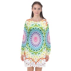 Mandala Pattern Rainbow Pride Long Sleeve Chiffon Shift Dress  by Vaneshop