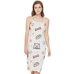Pug Dog Cat With Bone Fish Bones Paw Prints Ball Seamless Pattern Vector Background Bodycon Cross Back Summer Dress by Bedest
