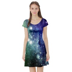 Blue Green Space Black A Fun Night Sky The Moon And Stars Short Sleeve Skater Dress by CoolDesigns