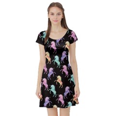 Rainbow Dark Purple Unicorn Seamless Short Sleeve Skater Dress by CoolDesigns