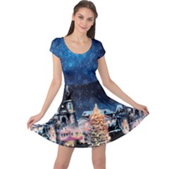 Navy Xmas City Lights Snow Double Sided Cap Sleeve Dress by CoolDesigns