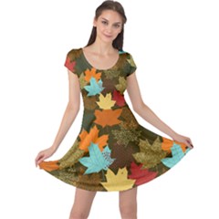 Dark Olive Green Maple Leaves Autumn Leafs Cap Sleeve Dress by CoolDesigns