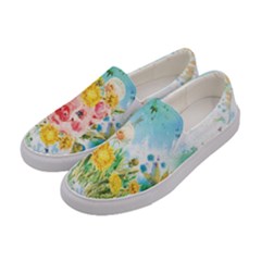 Pink Cute Pig Sky Blue Pattern Floral Womens Canvas Slip Ons by CoolDesigns