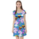 Rainbow Sky Blue Unicorn Poop Print Short Sleeve Skater Dress View1
