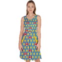 Mushroom Sky Blue Coins Pixelated Print Knee Length Skater Dress With Pockets View1