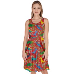 Red Dinosaurs Knee Length Skater Dress With Pockets by CoolDesigns