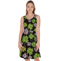 Black Gray Clover Shamrock Handraw Knee Length Skater Dress With Pockets by CoolDesigns