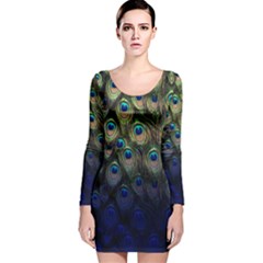 Elegant Peacock Blue Pattern Long Sleeve Velvet Bodycon Dress by CoolDesigns