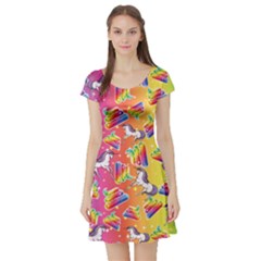 Vintage Unicorn Pattern Colorful Short Sleeve Skater Dress by CoolDesigns