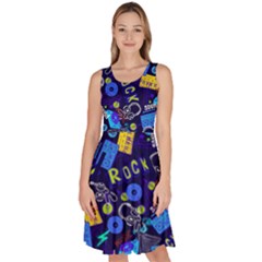 Rock Music Purple Blue Pattern Music Notes Knee Length Skater Dress With Pockets by CoolDesigns