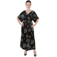 Marijuana Vintage Black Marijuana Leaves V-neck Boho Style Maxi Dress by CoolDesigns