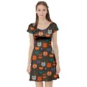 Dark Olive Green Kitty Cat Animal Pattern Party Short Sleeve Skater Dress View1