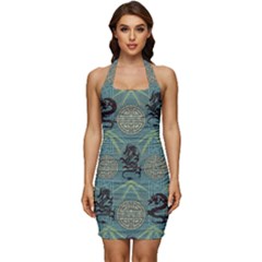 Dragot Cadet Blue Luck Print Sleeveless Wide Square Neckline Ruched Bodycon Dress by CoolDesigns