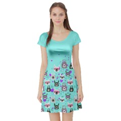 Light Blue Funny Llama Animal Print Short Sleeve Skater Dress by CoolDesigns