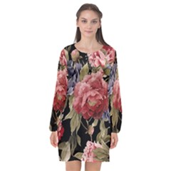 Retro Texture With Flowers, Black Background With Flowers Long Sleeve Chiffon Shift Dress  by nateshop