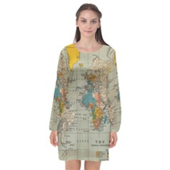 Vintage World Map Long Sleeve Chiffon Shift Dress  by Ket1n9