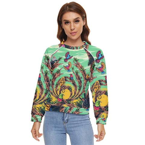 Monkey Tiger Bird Parrot Forest Jungle Style Women s Long Sleeve Raglan T-shirt by Grandong