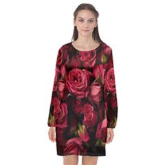 Floral Buds Of Roses Beautiful Flowers Long Sleeve Chiffon Shift Dress  by Grandong