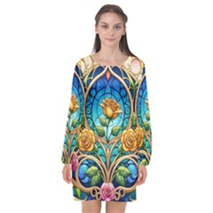 Roses Floral Stained Glass Vibrant Long Sleeve Chiffon Shift Dress  by Grandong