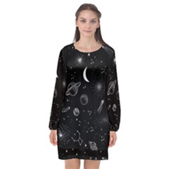 Cosmic Black Space Star Long Sleeve Chiffon Shift Dress  by Ndabl3x