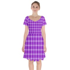 Purple Plaid Tartan 3 Short Sleeve Bardot Dress by dressshop