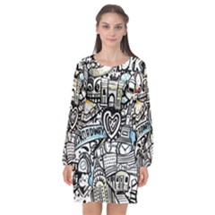 Doodle New York City Nyc Long Sleeve Chiffon Shift Dress  by Salmanaz77