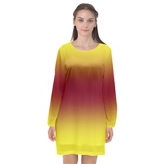 Electric Yellow To Burgundy Red Bilinear Gradient Long Sleeve Chiffon Shift Dress  by GradientsOmbre