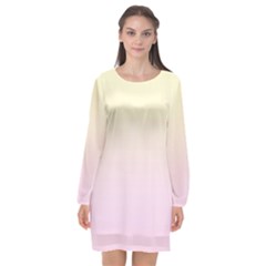 Cream Yellow To Pink Lace Linear Gradient Long Sleeve Chiffon Shift Dress  by GradientsOmbre