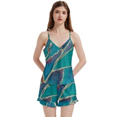 Aqua Batik, Abstract, Colorful V-neck Satin Loungewear Set by kyorashop23