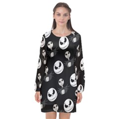 Jack Print, White, Before, Plain, Black, Simple, Christmas Long Sleeve Chiffon Shift Dress  by kyorashop23