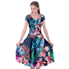 Hawaiian Flowers Hawaii Cap Sleeve Wrap Front Dress by Cemarart