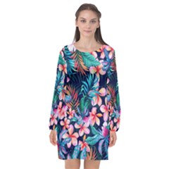Hawaiian Flowers Hawaii Long Sleeve Chiffon Shift Dress  by Cemarart