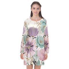 Flowers Pattern Floral Long Sleeve Chiffon Shift Dress  by Sabxi