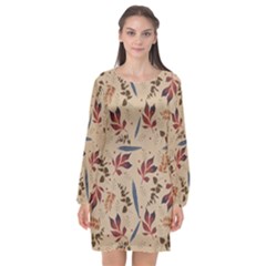 Leaves Pattern Teal Seamless Fall Long Sleeve Chiffon Shift Dress  by Sabxi
