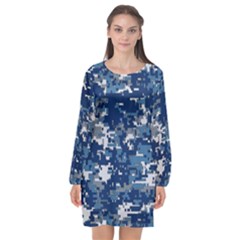 Blue, Camouflage, Cool, Navy, New, Pattern Long Sleeve Chiffon Shift Dress  by kyorashop23