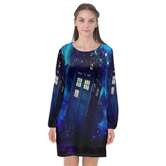 Tardis Doctor Who Space Galaxy Long Sleeve Chiffon Shift Dress  by Cemarart