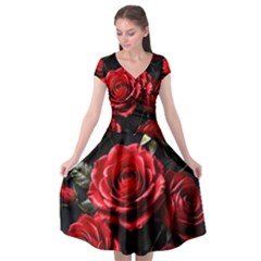 Red Roses Cap Sleeve Wrap Front Dress by Sabxi