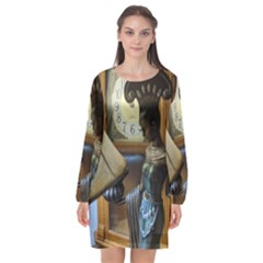 Clock And Lady Long Sleeve Chiffon Shift Dress  by bestdesignintheworld